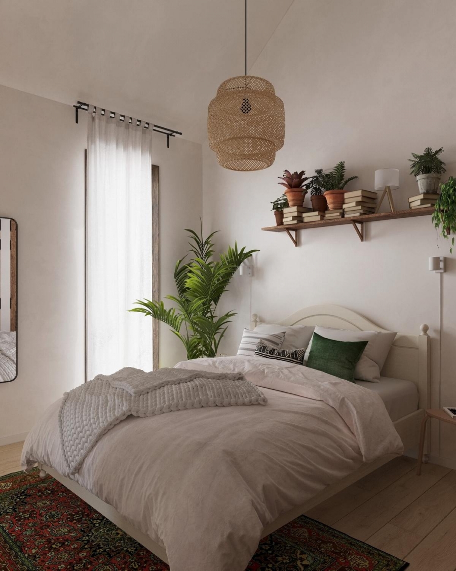 Phòng ngủ của cặp đôi được thiết kế nhẹ nhàng với gam màu trắng, sàn gỗ, thảm trải sàn ấm áp làm điểm nhấn. Bức tường đầu giường được sử dụng để trang trí kệ lưu trữ mở gọn đẹp.