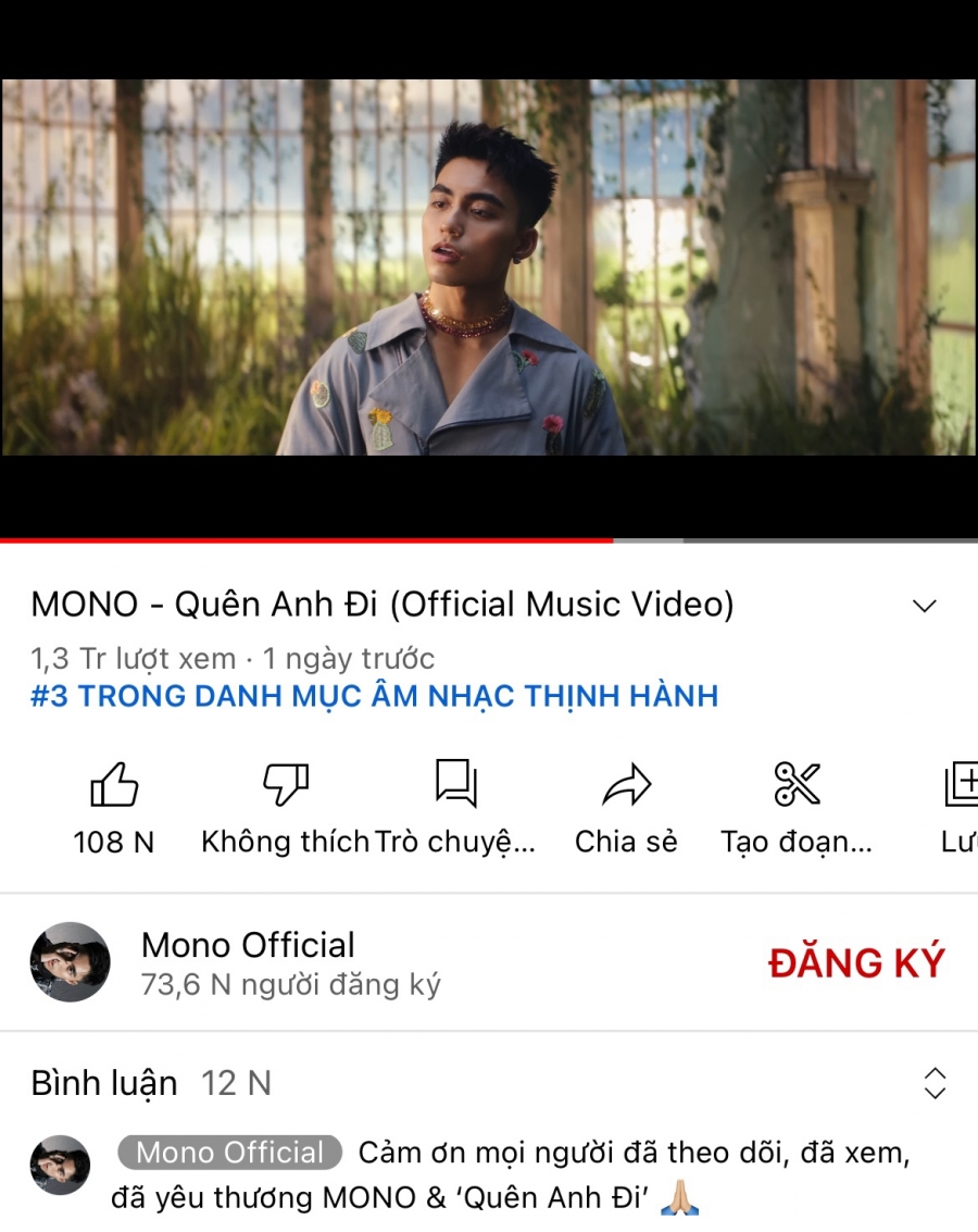 MV của MONO - em trai Sơn Tùng đạt thành tích khủng sau 24h ra mắt - Ảnh 1