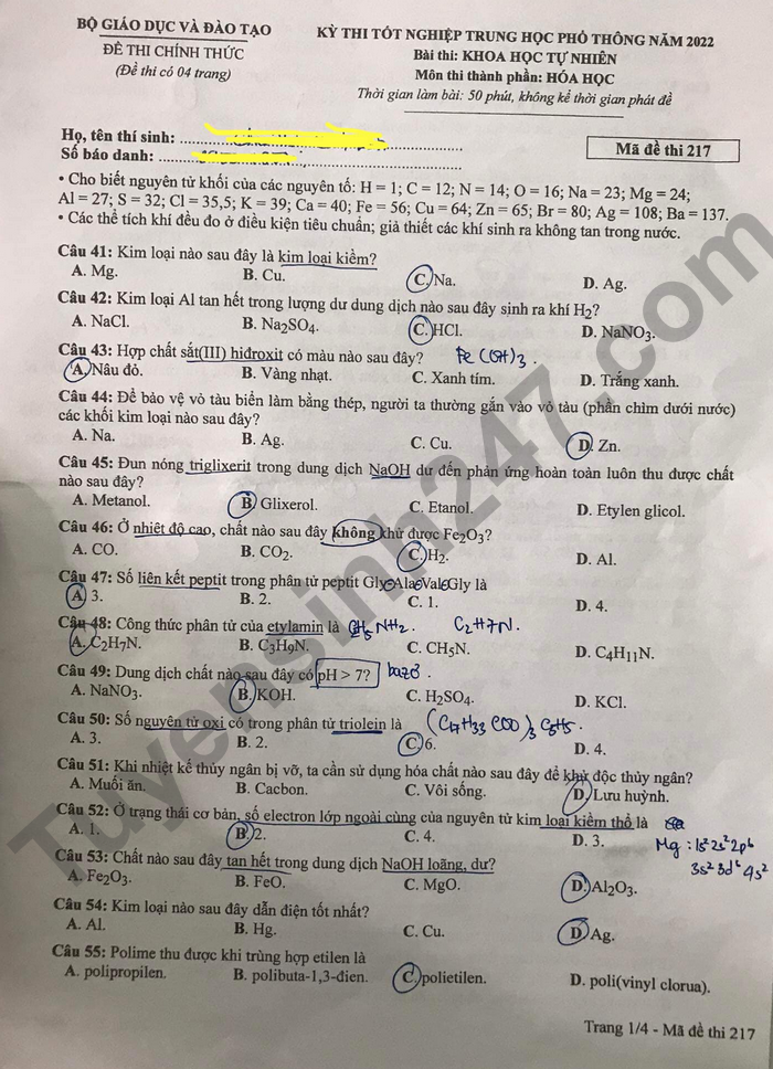 Đáp án đề thi môn Hóa học mã đề 217 kỳ thi tốt nghiệp THPT 2022 - Ảnh 1