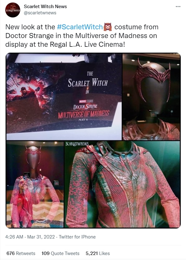 Trang phục của Scarlet Witch đã được hé lộ từ trước khi bộ phim ra mắt trên Twitter của nhân vật.