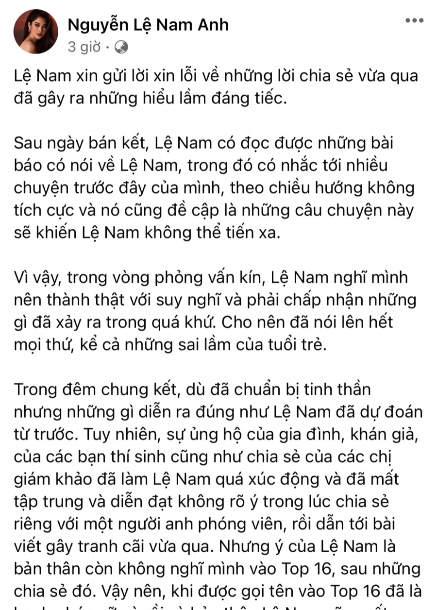 Lệ Nam xin lỗi về những chia sẻ gây hiểu nhầm trong thời gian vừa qua trên trang Facebook cá nhân