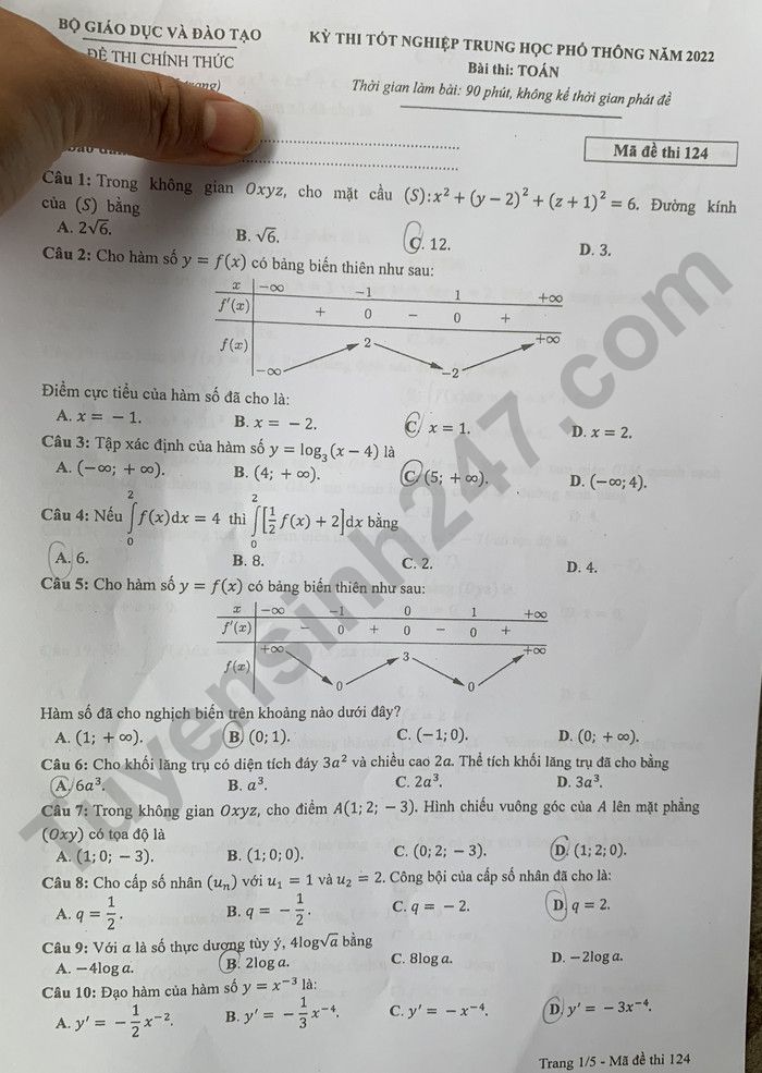 Đáp án đề thi môn Toán thi tốt nghiệp THPT 2022 mã đề 124 - Ảnh 1