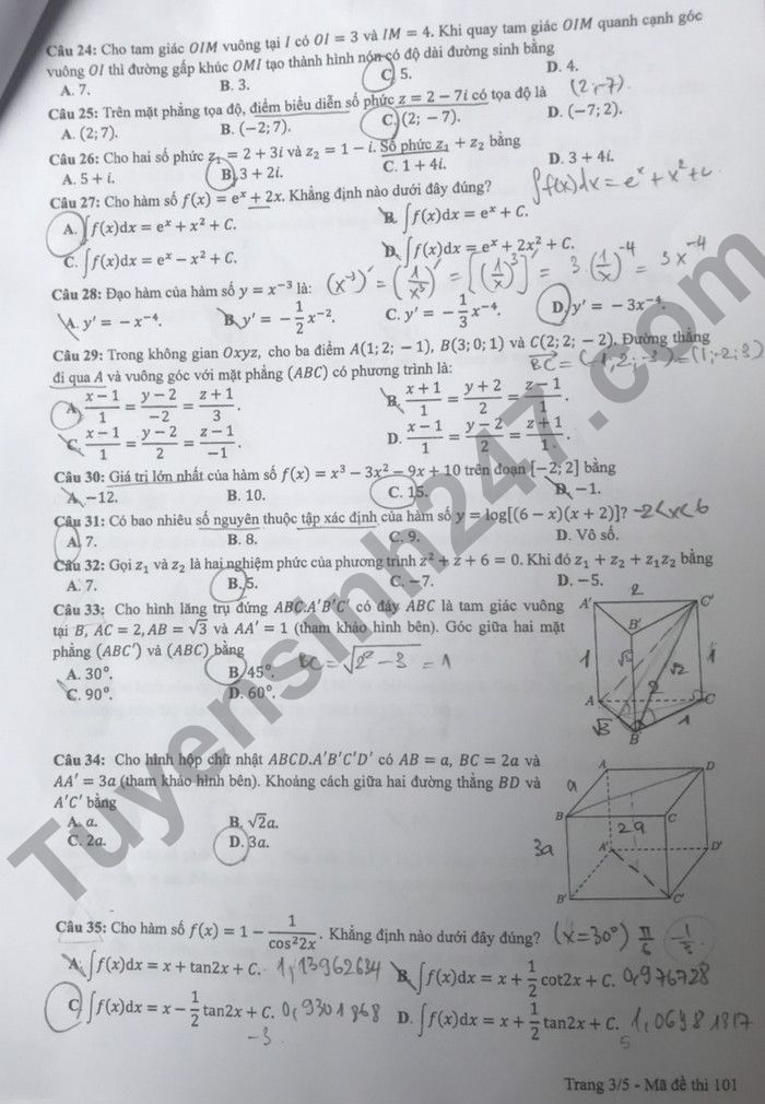 Đáp án môn Toán mã đề 101 kỳ thi tốt nghiệp THPT 2022 - Ảnh 3