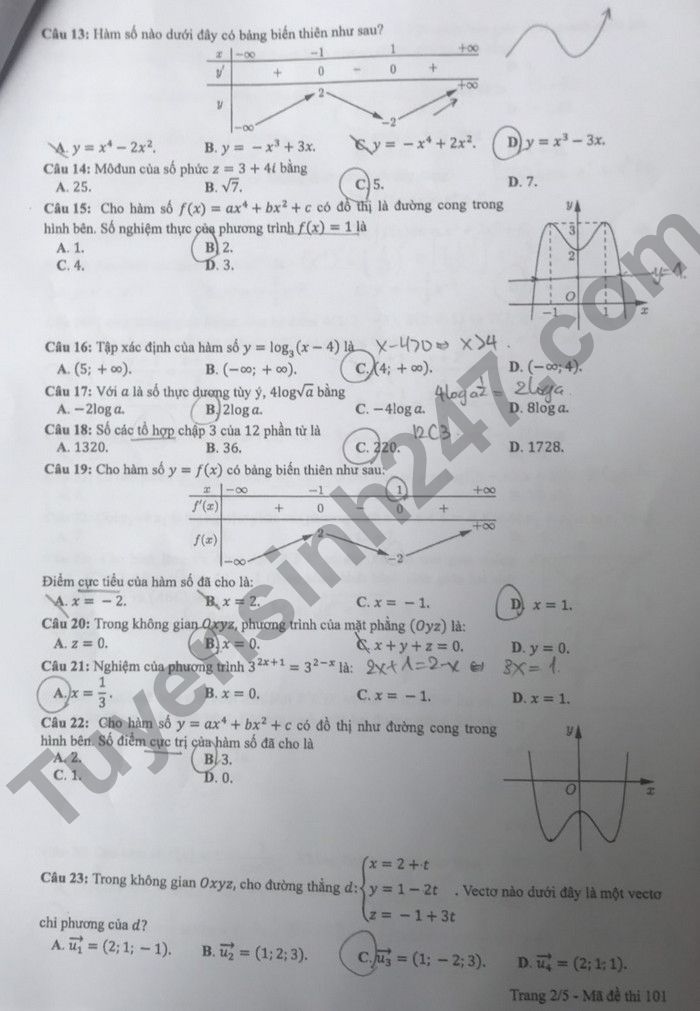Đáp án môn Toán mã đề 101 kỳ thi tốt nghiệp THPT 2022 - Ảnh 2