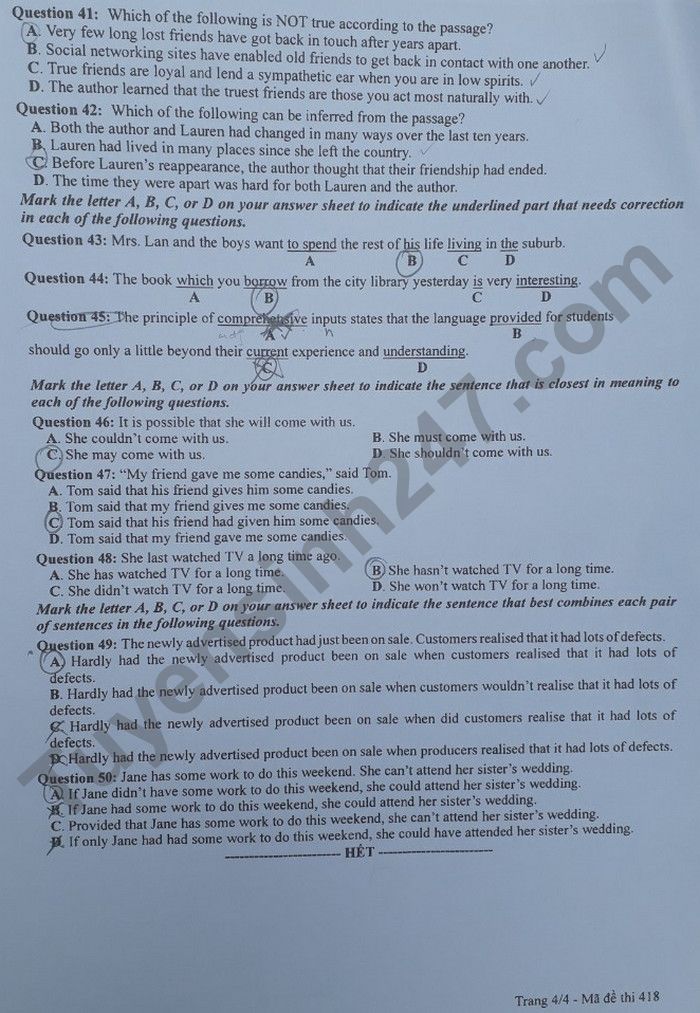 Đáp án đề thi môn tiếng Anh mã đề 418 kỳ thi THPT Quốc gia 2022 - Ảnh 2