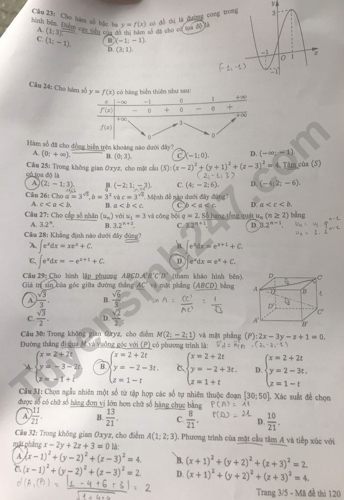 Đáp án đề thi môn Toán mã đề 120 kỳ thi tốt nghiệp THPT 2022 - Ảnh 3
