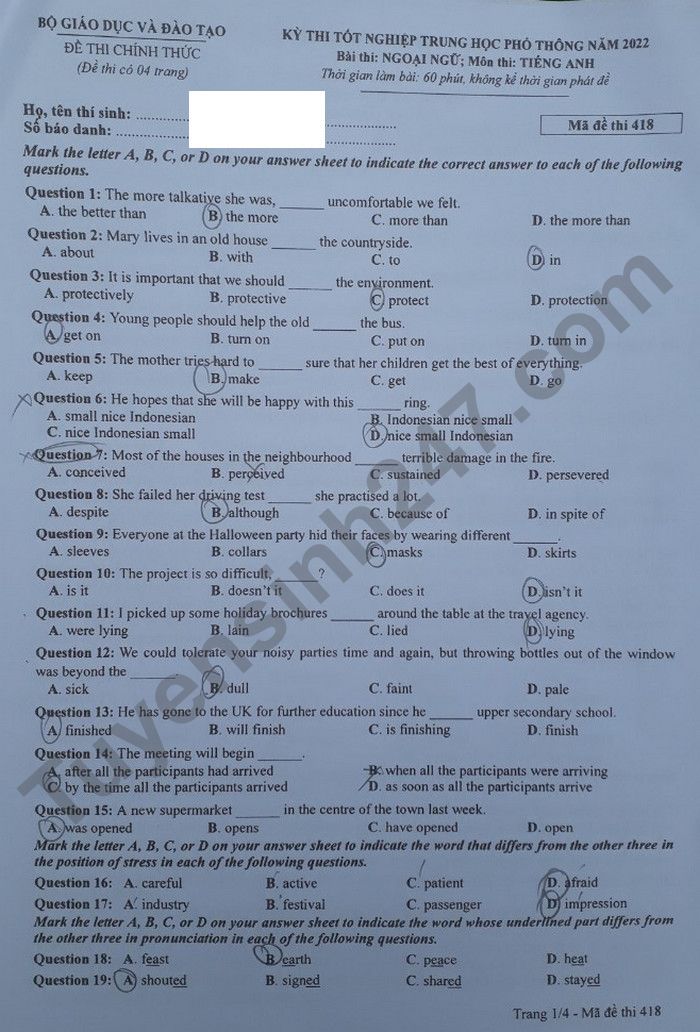 Đáp án đề thi môn tiếng Anh mã đề 418 kỳ thi THPT Quốc gia 2022 - Ảnh 1