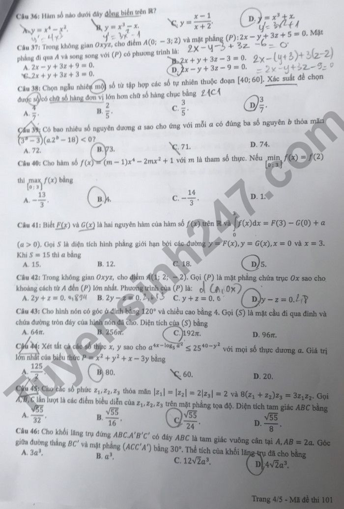 Đáp án môn Toán mã đề 101 kỳ thi tốt nghiệp THPT 2022 - Ảnh 4