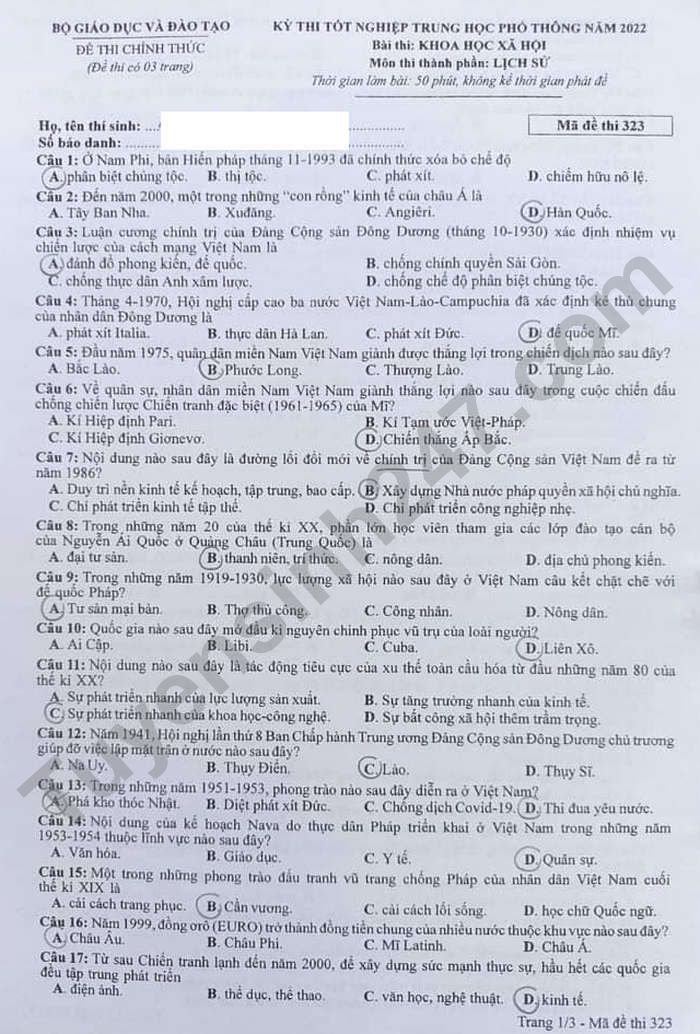 Đáp án đề thi môn Lịch sử mã đề 323 kỳ thi THPT Quốc gia 2022 - Ảnh 1