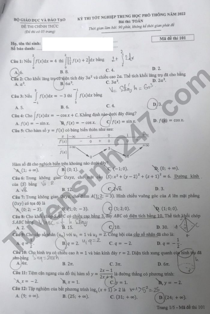 Đáp án môn Toán mã đề 101 kỳ thi tốt nghiệp THPT 2022 - Ảnh 1