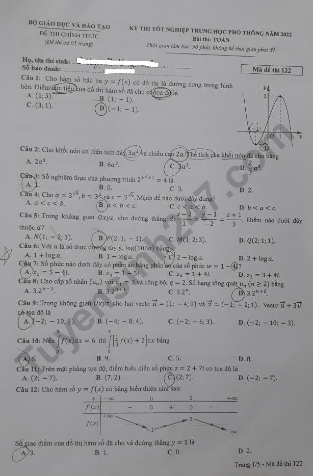 Đề thi và đáp án môn Toán thi tốt nghiệp THPT 2022 mã đề 122 (Nguồn: Tuyensinh247).