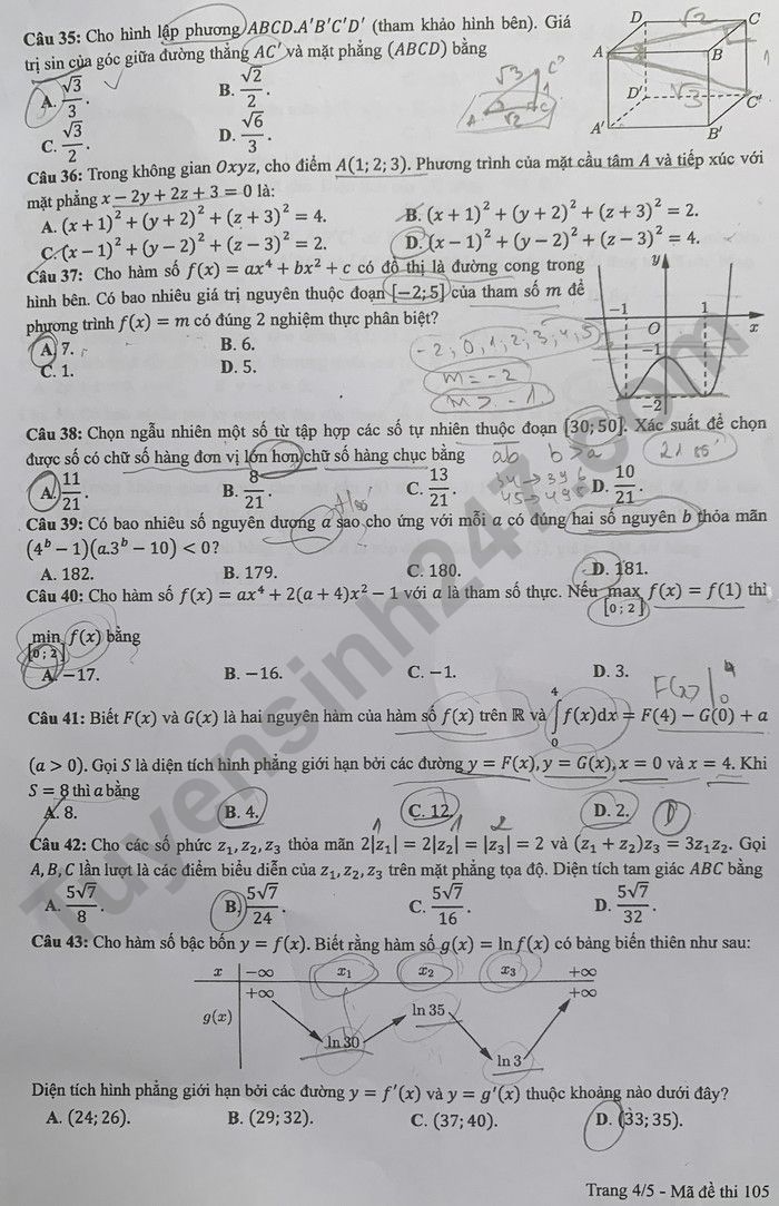 Đáp án đề thi môn Toán thi tốt nghiệp THPT 2022 mã đề 105 - Ảnh 4