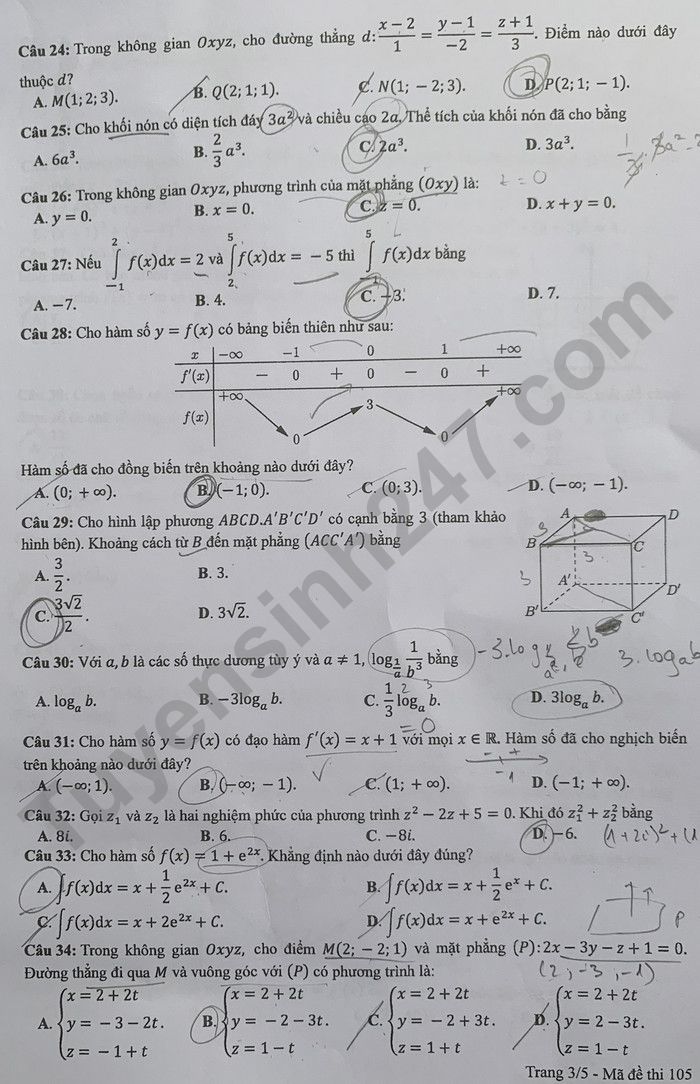 Đáp án đề thi môn Toán thi tốt nghiệp THPT 2022 mã đề 105 - Ảnh 3