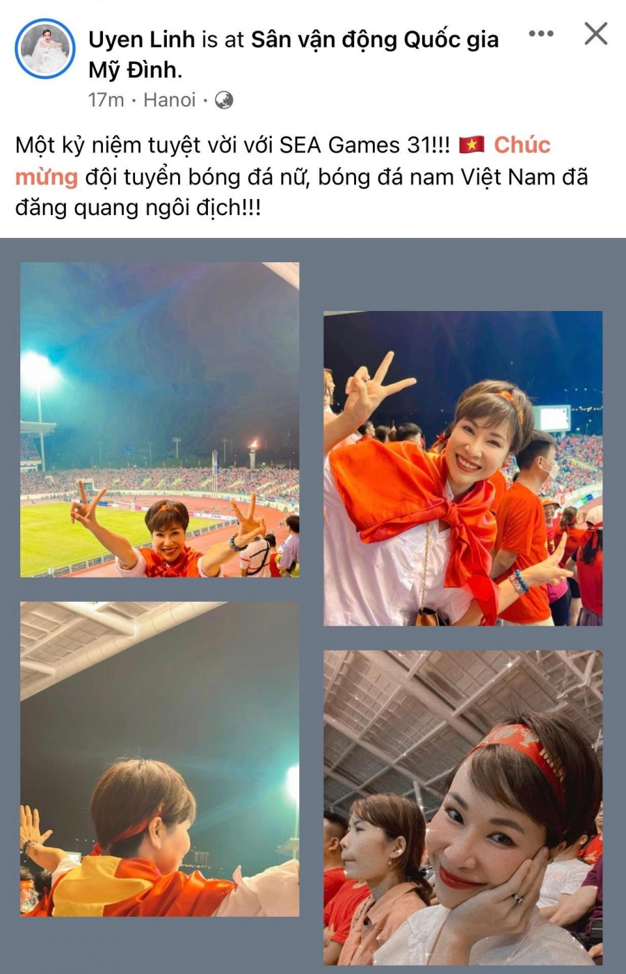 Uyên Linh xúc động trước chiến thắng của U23 Việt Nam: 'Một kỷ niệm tuyệt vời với SEA Games 31!!! Chúc mừng đội tuyển bóng đá nữ, bóng đá nam Việt Nam đã đăng quang ngôi địch!!!'