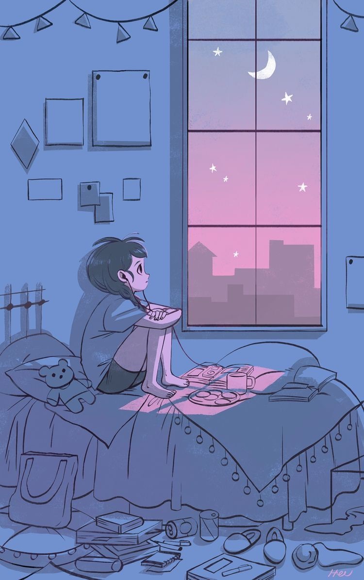 Cô gái thả hồn theo bản nhạc yêu thích và lặng lẽ ngắm nhìn bầu trời về đêm (Nguồn: Pinterest).