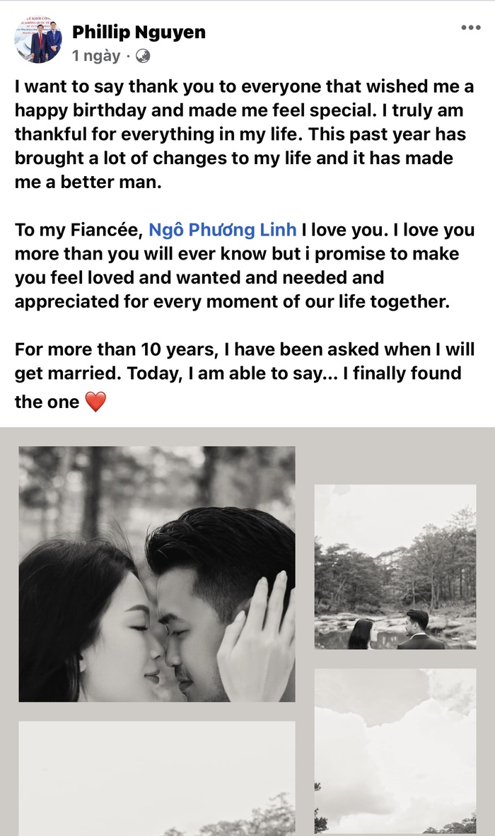 Trong một dòng trạng thái mới đây trên MXH, Phillip Nguyễn đã gọi Linh Rin là vị hôn thê, chứng tỏ cả hai đã đính hôn và sắp sửa làm đám cưới.