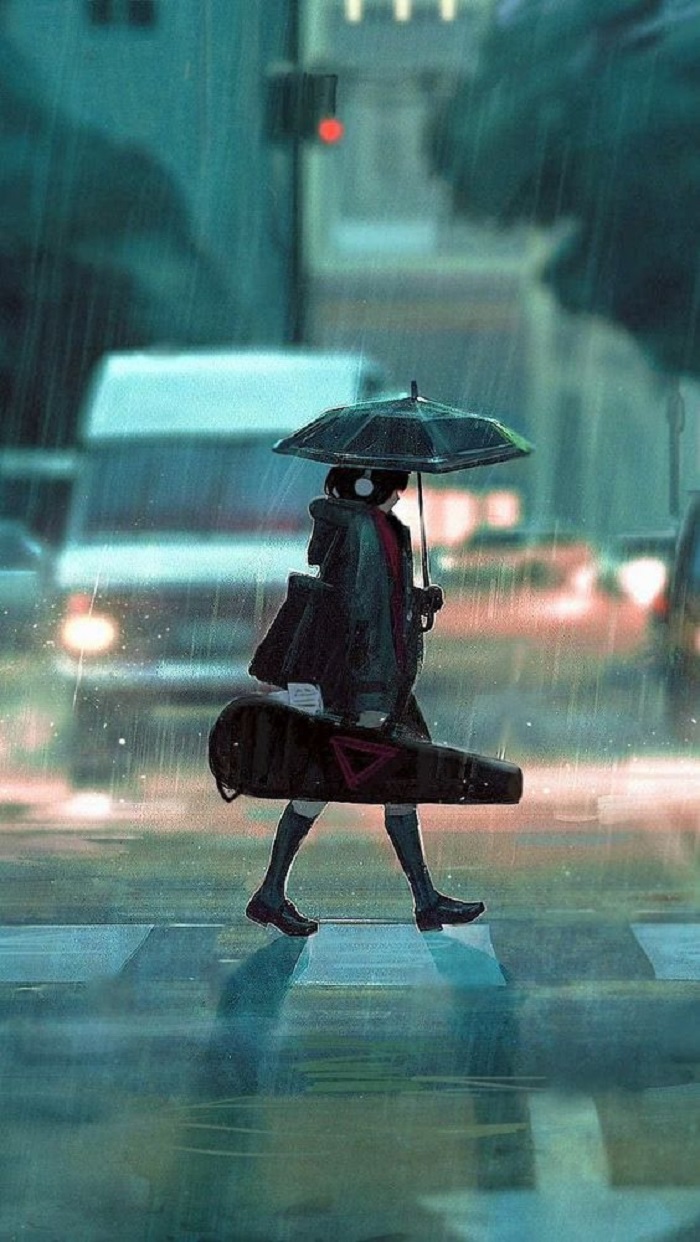 Cô gái bước đi vô định trong cơn mưa lặng hạt (Nguồn: Pinterest).