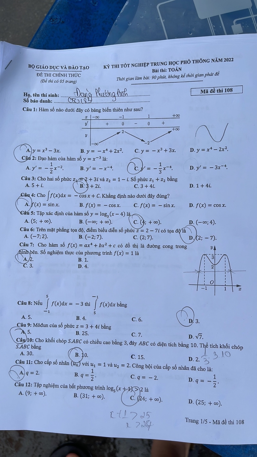 Đáp án môn Toán mã đề 108 kỳ thi tốt nghiệp THPT 2022 - Ảnh 1
