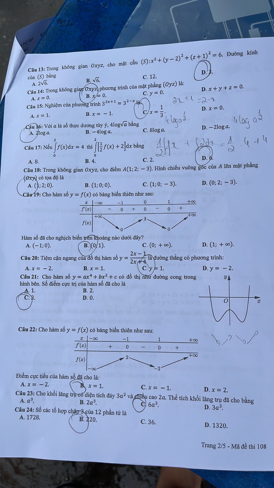 Đáp án môn Toán mã đề 108 kỳ thi tốt nghiệp THPT 2022 - Ảnh 2