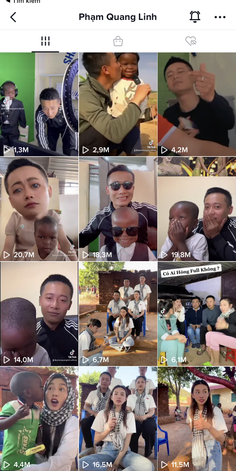Các video trên kênh TikTok của Quang Linh Vlogs đều có lượt xem khủng.