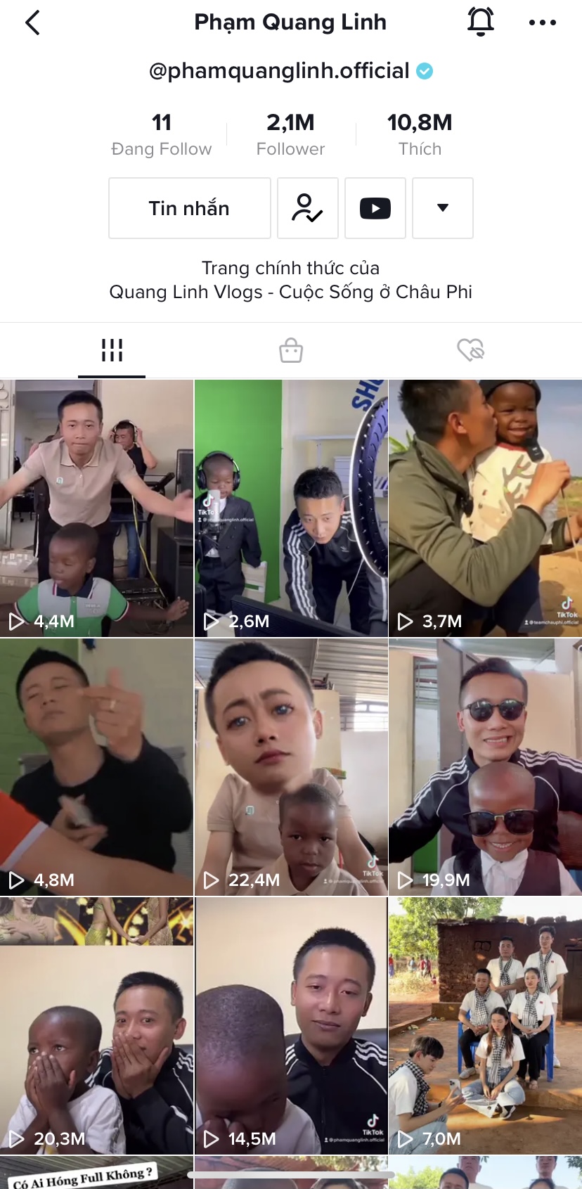 Kênh TikTok của Quang Linh Vlogs nhanh chóng đạt được 2.1 triệu followers.