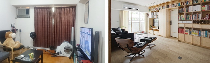 Hình ảnh phòng khách trước và sau khi cải tạo.