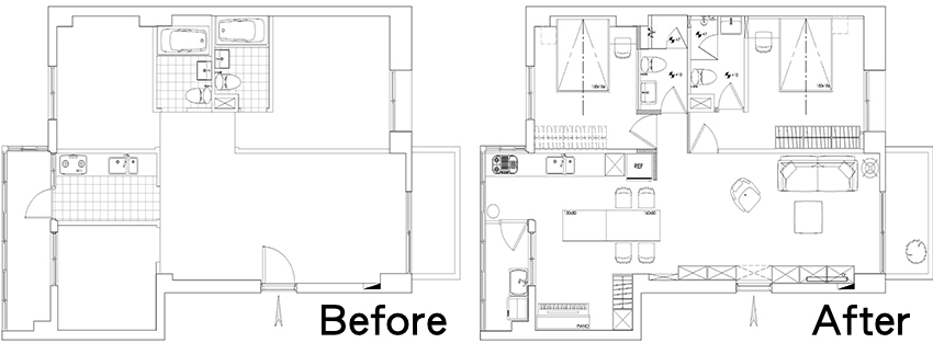 Sơ đồ bố trí căn hộ trước và sau khi cải tạo do đội ngũ Phase6 Design Studio cung cấp.