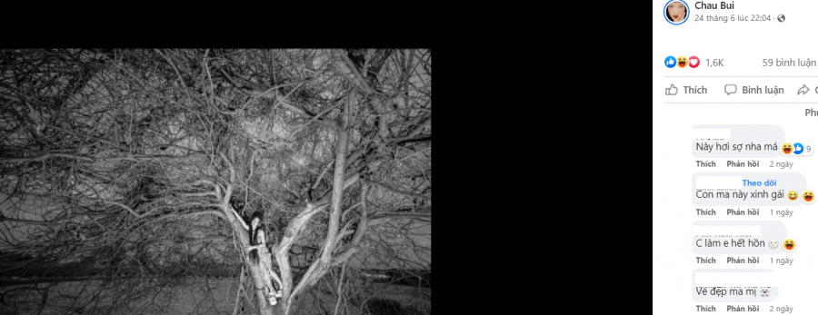 Khán giả bình luận 'sợ ma' và khen Châu Bùi là con ma xinh gái khi xem đến bức ảnh đen trắng, với nhân vật chính tạo dáng trên cây.