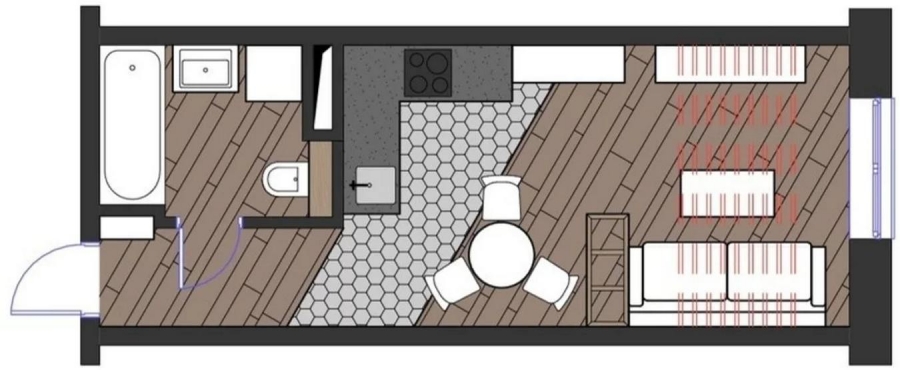 Sơ đồ bố trí nội thất căn hộ 26m² của anh chàng độc thân do NTK cung cấp. 