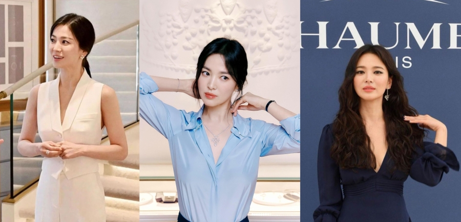 Có thể thấy, hiếm khi Song Hye Kyo mạo hiểm chọn kiểu áo khác ngoài cổ chữ 'V'. Ngay cả khi diện áo sơ mi, cô cũng cố ý thả cúc áo sâu để tạo thành chữ 'V'.