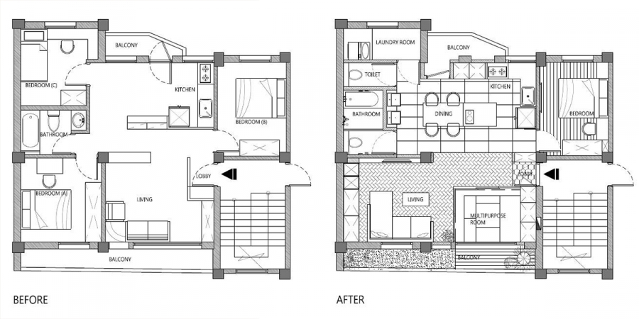 Sơ đồ thiết kế nội thất căn hộ trước và sau khi cải tạo.