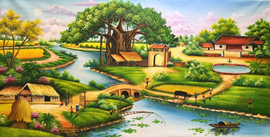 Khung cảnh làng quê Việt Nam được tái hiện trong bức tranh.