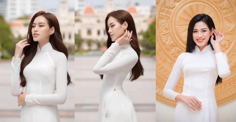 Với áo dài nữ sinh, Hoa hậu Việt Nam 2021 hướng đến tinh thần tươi trẻ nhưng không kém phần nhã nhặn. Dáng tay vuốt tóc thể hiện nét e thẹn, ngại ngùng của một cô gái mới lớn.