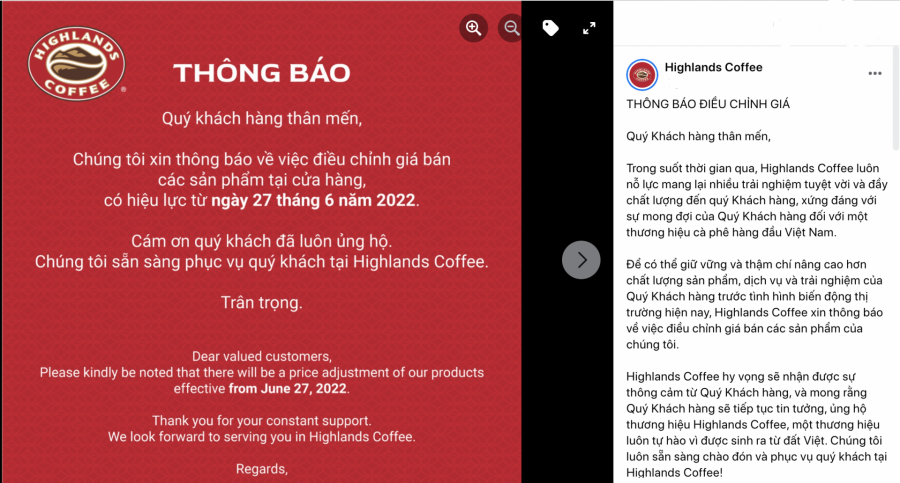 Thông báo điều chỉnh giá của Highlands Coffee.