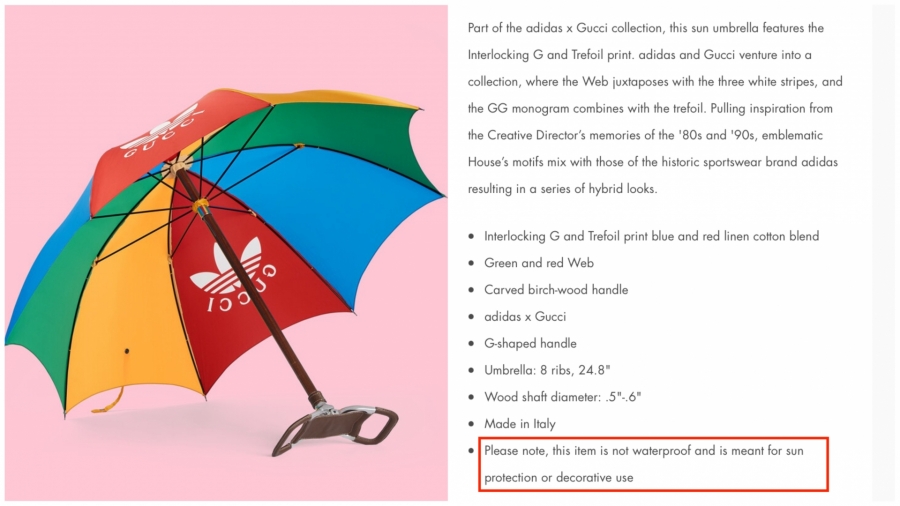 Theo tạp chí Chinese Press, nhà mốt Gucci phát biểu rằng chiếc ô này chỉ sử dụng với mục đích sưu tầm và giúp người dùng 'có thể nổi bật trong đám đông'.