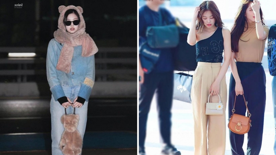 Chiếc áo lệch vai và sneakers gây bão của Jennie tại sân bay. Trong lần khác, nữ ca sĩ gây thích thú với khăn choàng hình gấu và túi xách đồng điệu.