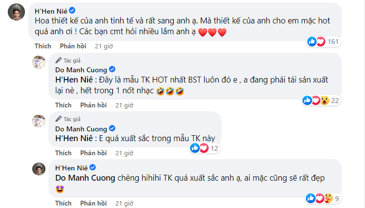 Đỗ Mạnh Cường vui mừng báo tin mẫu thiết kế mà H'hen Niê mặc trong BST mới nhất hiện đang 'cháy hàng', cũng không quên dành lời khen ngợi cho màn trình diễn của Hoa hậu Hoàn vũ Việt Nam 2017.