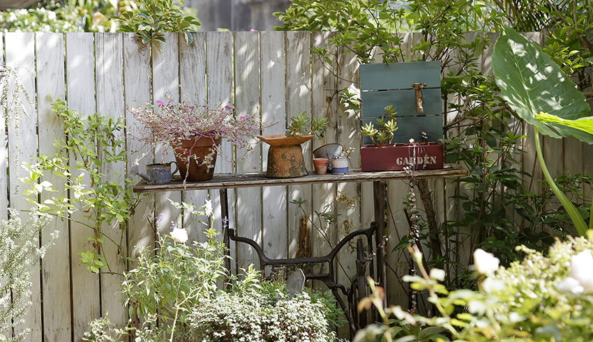 Chiếc bàn máy may cũ được tái sử dụng để trang trí cho khu vườn xinh đẹp. Một không gian ngập nắng mai nhưng vô cùng mát mẻ, đem lại cảm giác thư giãn cho người nhìn.