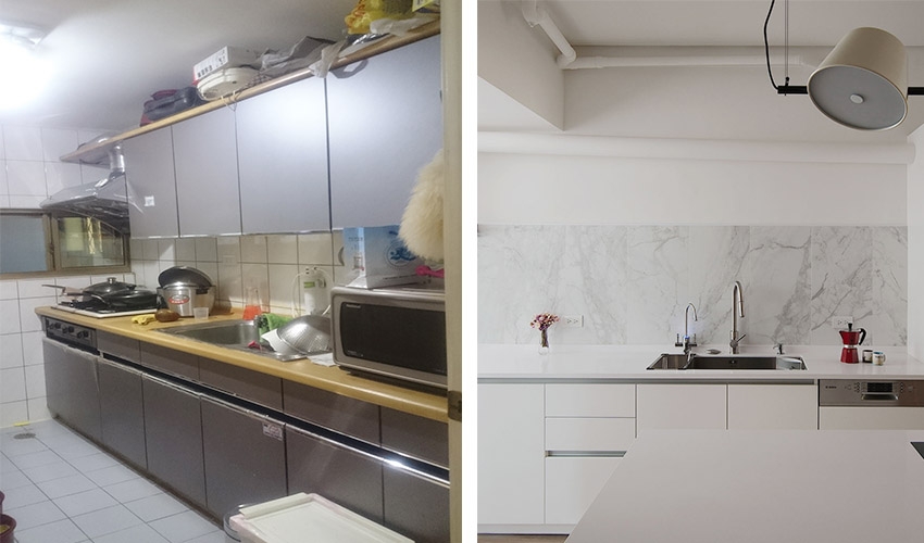 Hình ảnh phòng bếp trước và sau khi cải tạo.