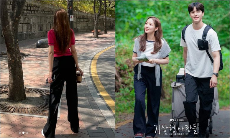 Khi mặc áo phông, Park Min Young không quên chi tiết sơ vin gọn gàng và cách mix&match ruột của cô nàng là quần ống suông và giày sneaker thời thượng.