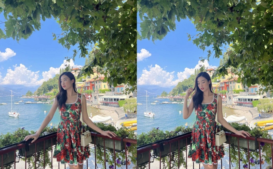 Đến với nước Ý xinh đẹp và hoài cổ, mỹ nhân Việt đã tinh tế chọn thương hiệu Ý để thể hiện sự trân trọng dành cho địa điểm du lịch này. Người đẹp check-in bên bờ hồ Como, một trong những địa điểm nên thơ nhất của nơi đây.