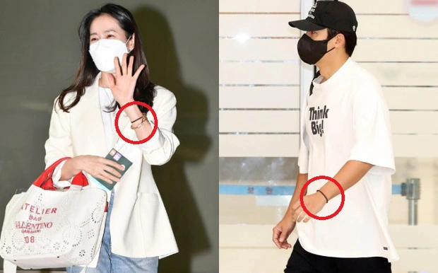 Tại sân bay Incheon, Hyun Bin còn được bắt gặp đeo chiếc vòng tay đôi với vợ như là minh chứng cho tình yêu đôi lứa.