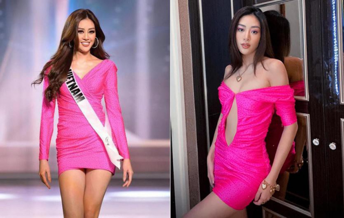 Nhờ sự thông minh và tinh tế, Khánh Vân mặc lại váy cũ trong cuộc thi Miss Universe 2020 mà không ai biết. Cô nàng đã khoét ở bụng, biến tấu cổ áo thành trễ vai để có thêm một chiếc váy gợi cảm cho tủ đồ đi sự kiện của mình.