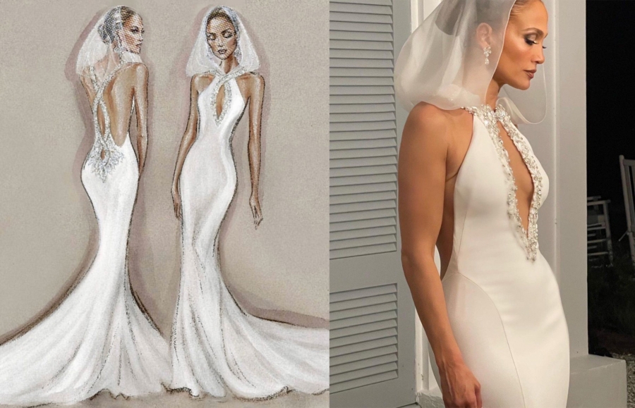 Dù là váy cưới, Jennifer Lopez vẫn tôn trọng bản sắc cá nhân. Thiết lế váy cưới với phần khuyết ngực quyến rũ, khăn cài đầu biến thành mũ voan vừa nữ tính, quyến rũ mà còn rất mạnh mẽ.