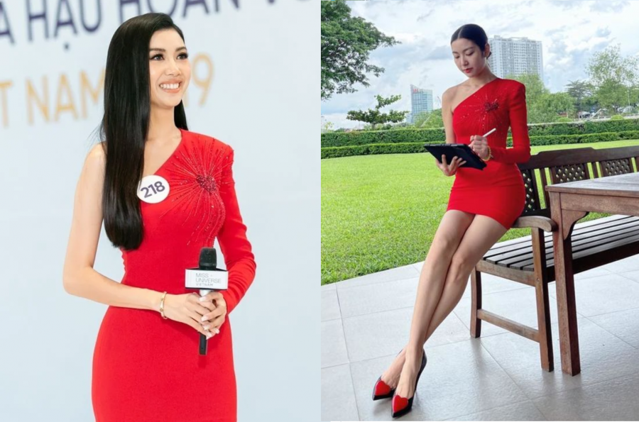 Thuý Vân đánh dấu hành trình từ một thí sinh Hoa hậu thành một giám khảo cuộc thi Hoa hậu bằng việc mặc lại chiếc váy lệch vai màu đỏ.