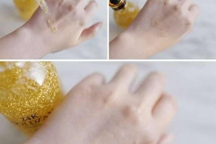 Serum vàng 24k Goldzan Ampoule thật khi thoa lên da thì tinh chất và hạt vàng sẽ thẩm thấu nhanh chóng.