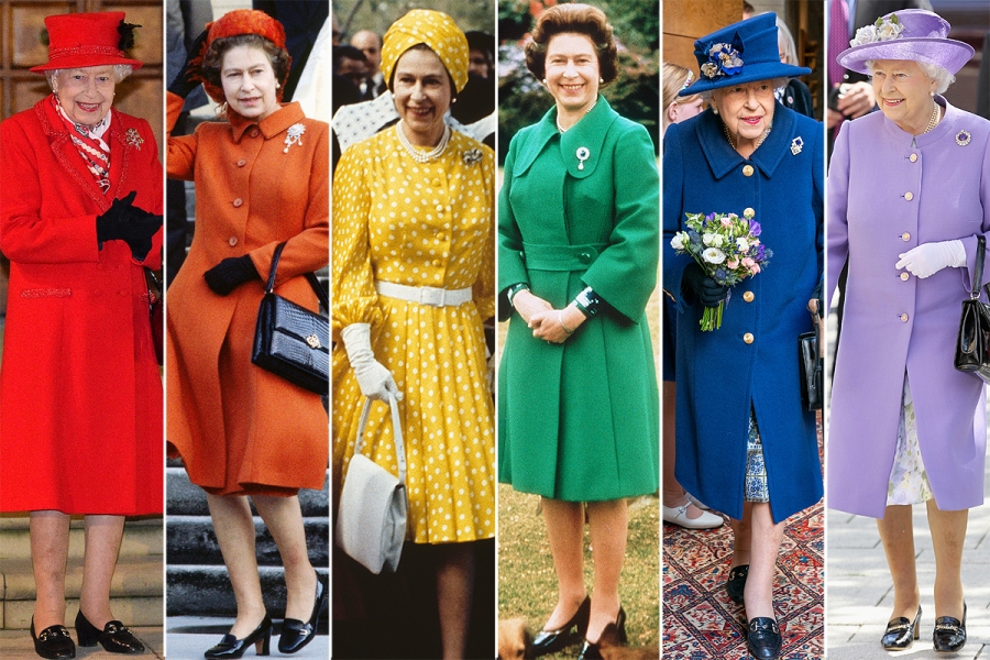Phần lớn trang phục của nữ hoàng Anh đều có một kiểu quen thuộc với chất liệu dày, cầu vai cứng cáp. Màu sắc cũng là cách để nữ hoàng Anh biểu thị một ẩn ý gì đó cho từng sự kiện mà bà xuất hiện. 