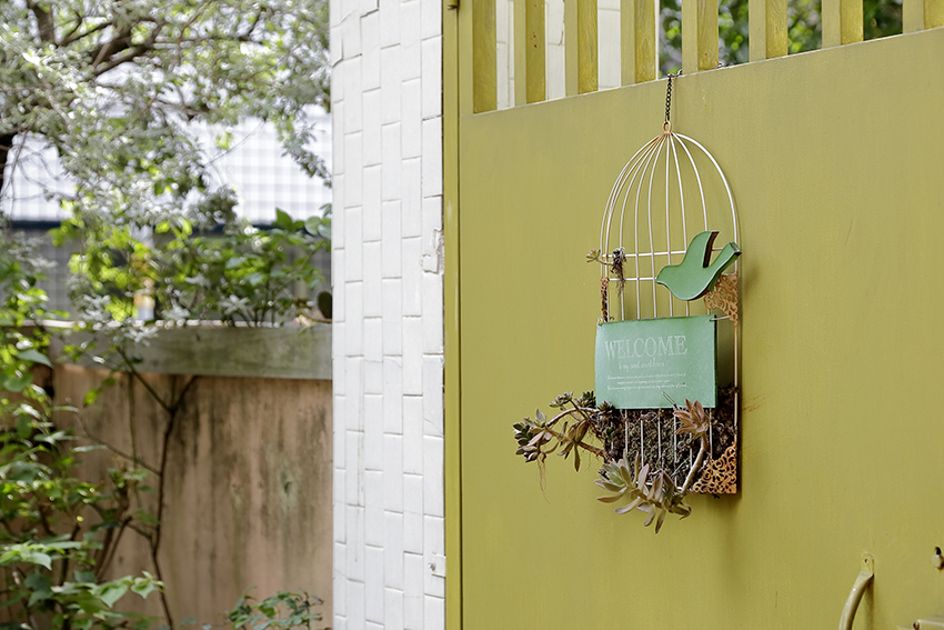 Cánh cổng sơn màu xanh ô liu với chiếc lồng chim bằng sắt trang trí xinh xắn, kết hợp trồng sen đá tạo sự dễ mến ngay từ cái nhìn đầu tiên.
