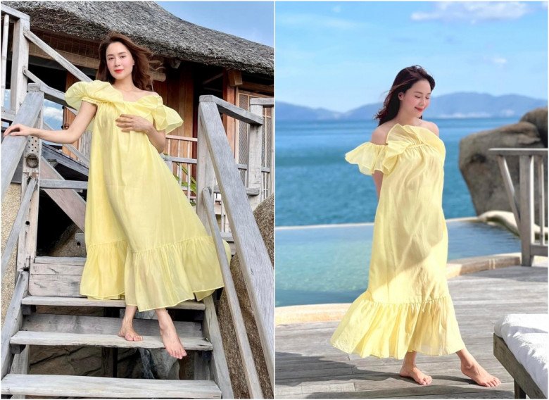 Chiếc váy maxy màu vàng pastel xuông rộng nhưng vẫn khoe khéo thân hình đầy đặn của Hồng Diễm dưới lớp voan mỏng. Chiếc váy được thiết kế hở vai, tay bồng nên rất hợp với những chuyến du lịch biển, cần chụp ảnh 'sống ảo'.