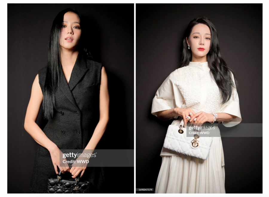 Jisoo sang trọng, quyền lực, phá cách trong trang phục đen. Địch Lệ Nhiệt Ba thanh lịch, tao nhã với chiếc đầm trắng. Cả hai đều diện set đồ tới từ bộ sưu tập mới nhất của Dior.